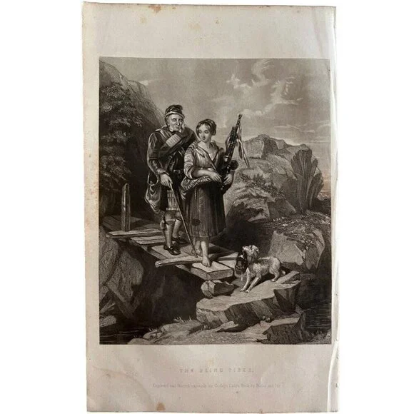 Blind Piper Scottish Bagpipes Engraving 1859 Victorian Highlands Music Art DWY5G - Picture 2 of 2